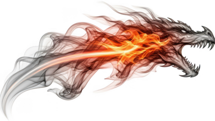 Abstract dragon head with glowing fire breath and smoke effects isolated on transparent background