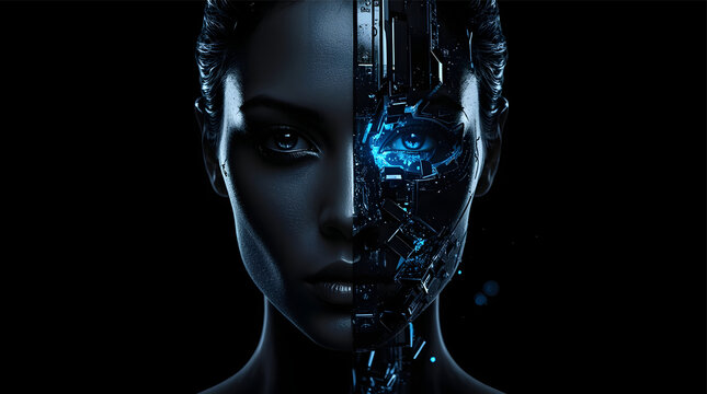 portrait of woman half face with half robot face on black background