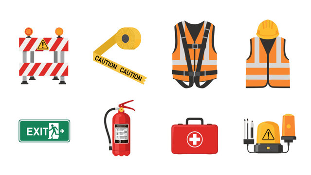 A set of colorful vector icons depicting various construction and safety equipment on a white background