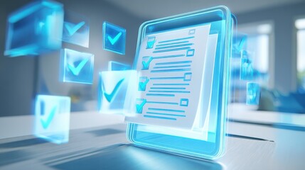 in a contemporary office setting a tablet screen showcases a holographic task list with various items ticked off reflecting efficiency and progress in a techsavvy work environment