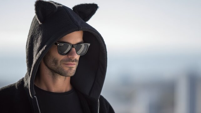 cool cat wearing trendy hoodie and sunglasses posing confidently on a sleek urban city rooftop - Powered by Adobe
