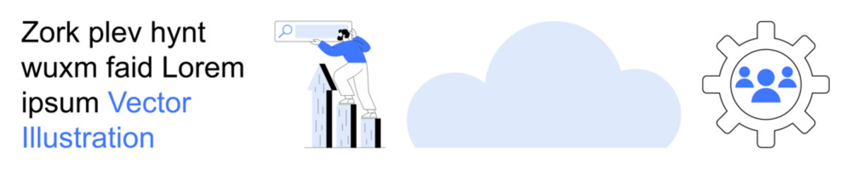 Plakat Data management, team collaboration, cloud solutions, process automation, analytics, strategy. Graphs and growth chart, cloud graphic gear with team icon. Data management and team collaboration