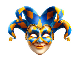 A colorful jester mask with blue and yellow design on transparent background