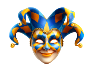 A colorful jester mask with blue and yellow design on transparent background