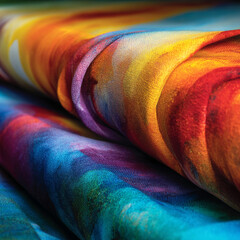 Close up of vibrant multicolored fabric folds with abstract patterns and rich textures