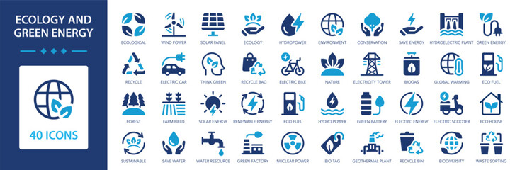 Ecology and Green Energy icons collection. Renewable energy, environment, sustainability, clean power sign set.