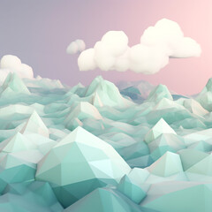 Minimalist Low Poly Mountain Range under Soft Clouds in a Pastel Sky Background