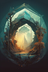 Magical Fantasy Landscape Contained within a Floating Geometric Crystal Prism