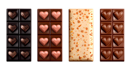 Obraz premium Four types of heart-shaped chocolate bars on transparent background