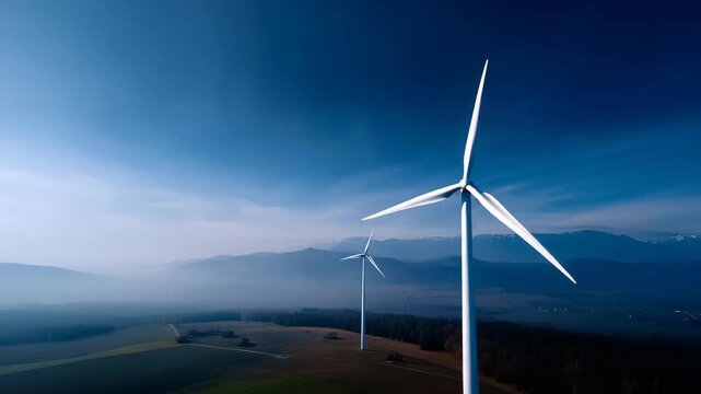Drone aerial photograph capturing a panoramic view of multiple wind turbines generating electricity across a wide open rural landscape. The turbines are positioned in geometric ord 4K
