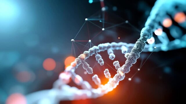 futuristic biomedical visualization depicting DNA sequencing and cancer genomics research, focusing on mutations and personalized oncology treatments. The image features a glowin 4K