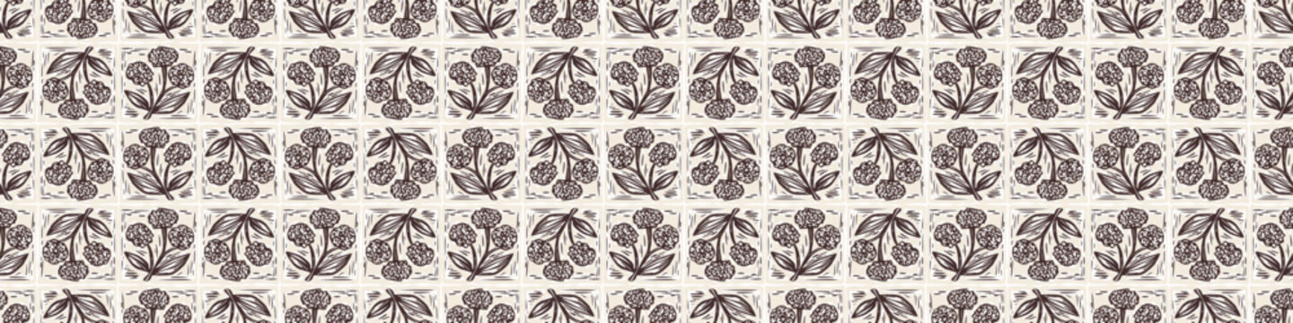 Hand drawn bold floral bloom lino cut style seamless pattern border background. Flat vector stylish design wildflower motif Patchwork block print tape. Rustic neutral organic banner edge linen look