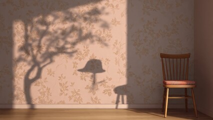 Aesthetic interior room with sunlight casting dramatic tree and hat shadows on floral patterned vintage wallpaper.
