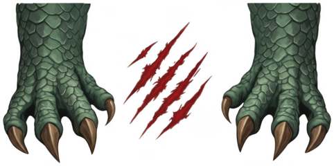 Green dragon claws and red claw marks on transparent background, powerful monster attack graphic