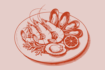 Illustration of a seafood dish with shrimp, mussels, oyster, and lemon in hand-drawn sketch style on a light pink background, concept of cuisine