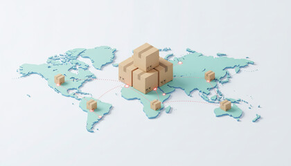 Global logistics and shipping concept with 3D delivery boxes on world map