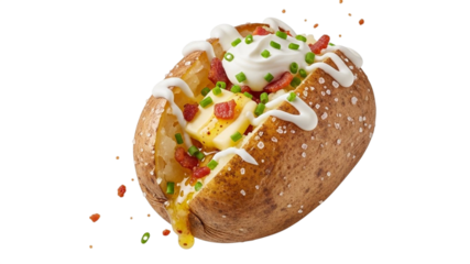 Baked potato with toppings sits on a plain background showing rich ingredients and flavors for a tasty snack or meal idea