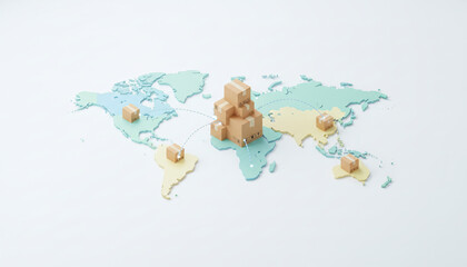 Global logistics and shipping concept with 3D delivery boxes on world map