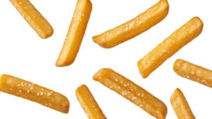 Golden fried potato sticks scattered on a white background ready for serving to enjoy at a meal or snack time