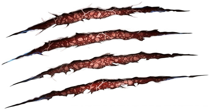 Deep gory gashes ripped by claws with inner texture and glowing veins, dramatic horror effect