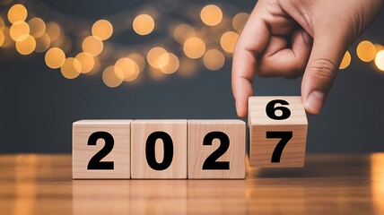 A hand gently interacts with wooden blocks displaying the transition from two thousand twenty two to two thousand twenty seven symbolizing change