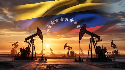 The venezuelan flag dramatically waves above oil pumps silhouetted against a vibrant sunset symbolizing the nation s key industry and economic reliance