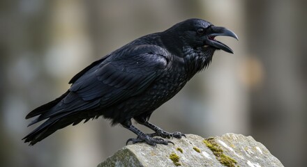A black bird perched on a rock with an open beak against a blurred background