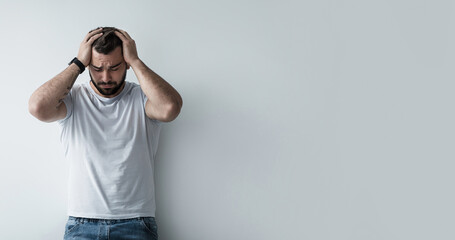 Quarantine, mental health, self-isolation, emotional breakdown, mistake, headache. Upset millennial...