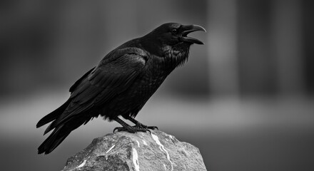 A large black bird perched on a rock with a blurry dark background