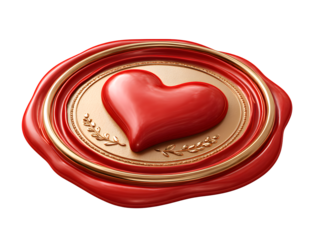 A red heart-shaped seal on a gold and red wax stamp on transparent background