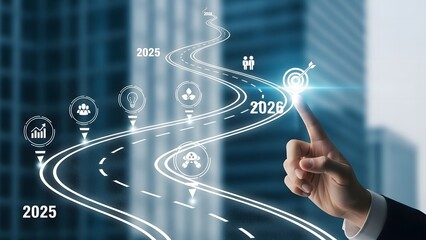 Business roadmap to 2026 success concept. A strategic business journey. Finger points at the 2026 target, surrounded by icons representing innovation, sustainability, teamwork and goal achievement.