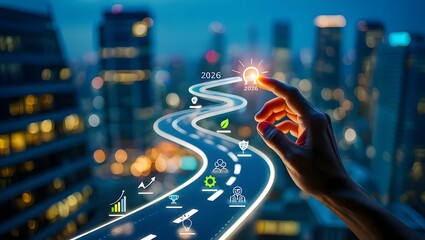 Business roadmap to 2026 success concept. A strategic business journey. Finger points at the 2026 target, surrounded by icons representing innovation, sustainability, teamwork and goal achievement.