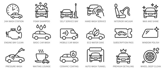 Car wash and auto detailing line icon set featuring pressure wash, vacuum, polishing, and ceramic coating services