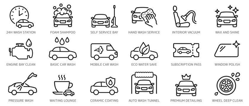 Car wash and auto detailing line icon set featuring pressure wash, vacuum, polishing, and ceramic coating services