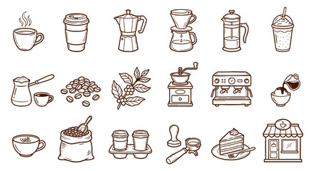 Coffee related icons doodle set with brewing equipment, beans, takeaway cups, and cafe elements in brown outline style for menu design