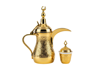 golden arabic dallah coffee pot with ornate lid and cup