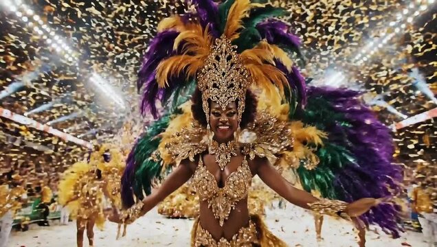 A woman in a vibrant gold costume with purple and green feathers dancing in a crowded stadium with confetti and lights