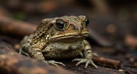 A close-up photo of a brown frog on a wet log