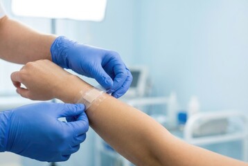 Health care worker applies bandage to arm in medical facility during routine treatment session in the afternoon