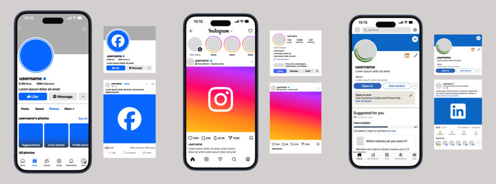 Facebook, Instagram, LinkedIn Mobile App UI Mockup Showing iPhone Profile Pages Post Feeds Stories Cards Like Comment Share Follow Buttons and Social Network Interface Layout