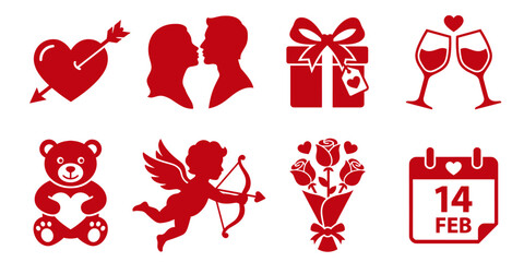 Valentine's Day silhouette icons with heart, kissing couple, gift, wine glasses, teddy bear, cupid, roses, and calendar for romantic holiday designs