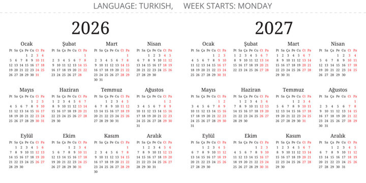 2026 and 2027 year turkish calendars with serif font. Vector illustration for Turkey - takvimi