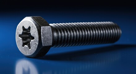 A close-up of a single metallic screw on a blue background