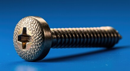 A close-up of a metallic screw with a cross-shaped slot on a blue background