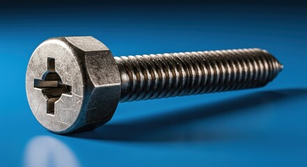 A close-up of a single metallic screw with a Phillips head on a blue background