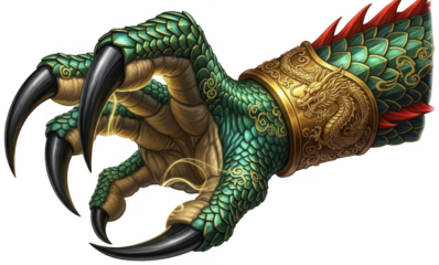 Magnificent oriental dragon claw armored with ornate gold bracelet and green scales