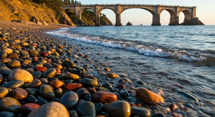 A serene beach scene with a large bridge in the background and smooth rocks scattered along the shoreline