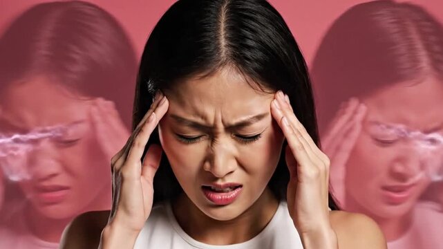 Woman experiencing headache and stress, multiple exposures.