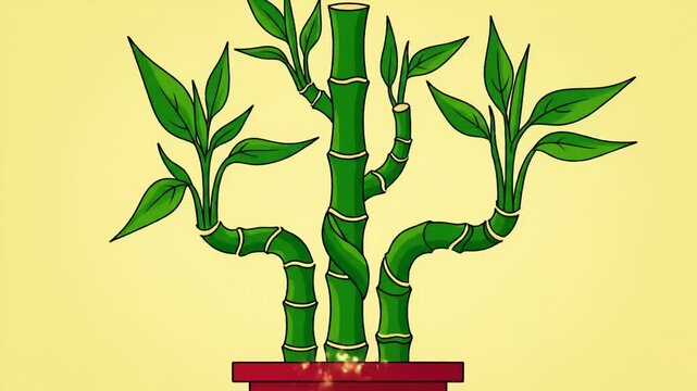 Stylized pixel art of several stalks of green lucky bamboo emerging from a decorative red pot. The pot features golden swirling patterns and a central emblem against a plain yellow backdrop.