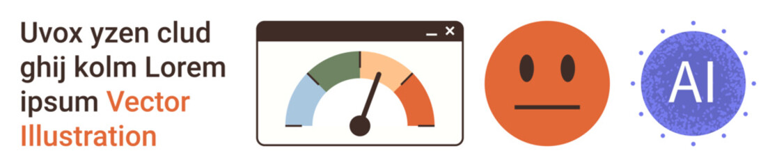 Fototapeta premium Performance monitoring, artificial intelligence, data analysis, user feedback, technology systems, decision-making. A gauge, neutral emotion and AI icon. Performance monitoring and artificial